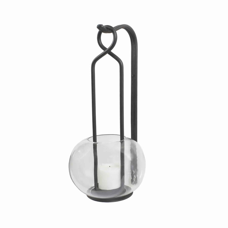 Benjara Metal Frame Lantern With Round Glass Hurricane And Hook Set Black And Clear Wayfair