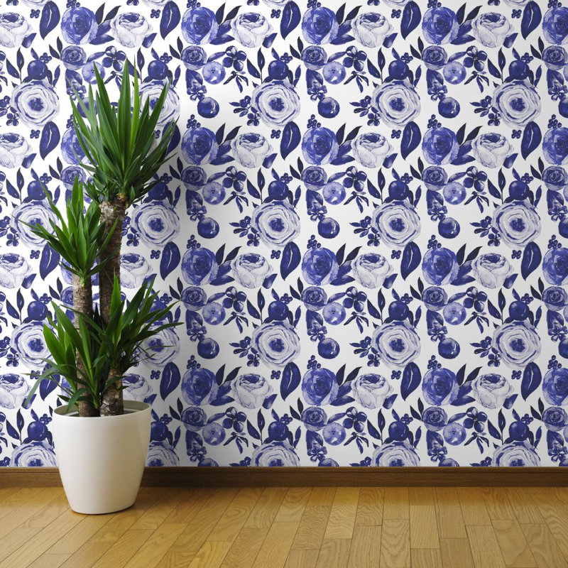 Peel-and-Stick Removable Wallpaper Blueberry Florals Watercolor Wedding Blue