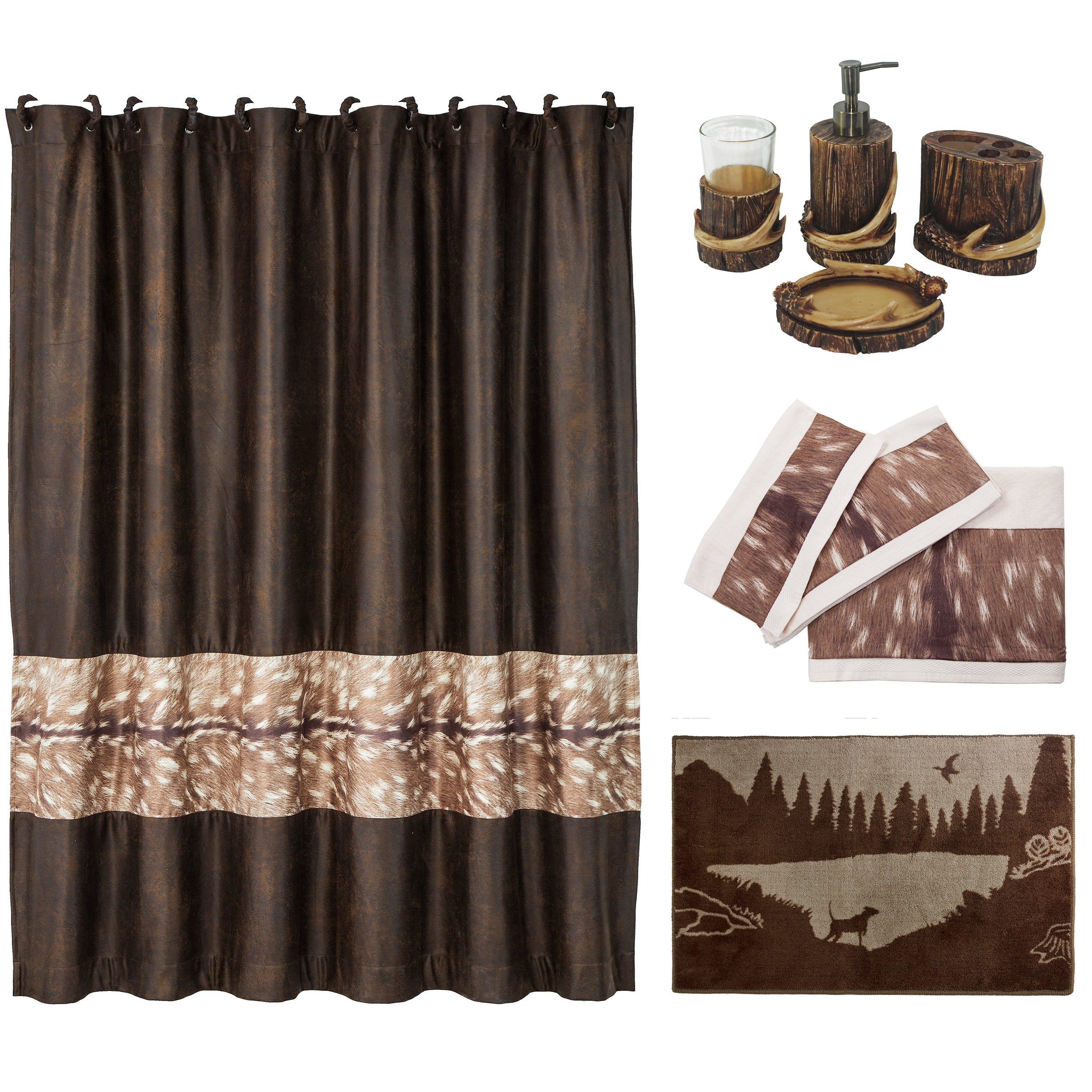 Printed 15-Piece Bathroom Set Bath Rugs Shower Curtain /& Rings New Safari Flower