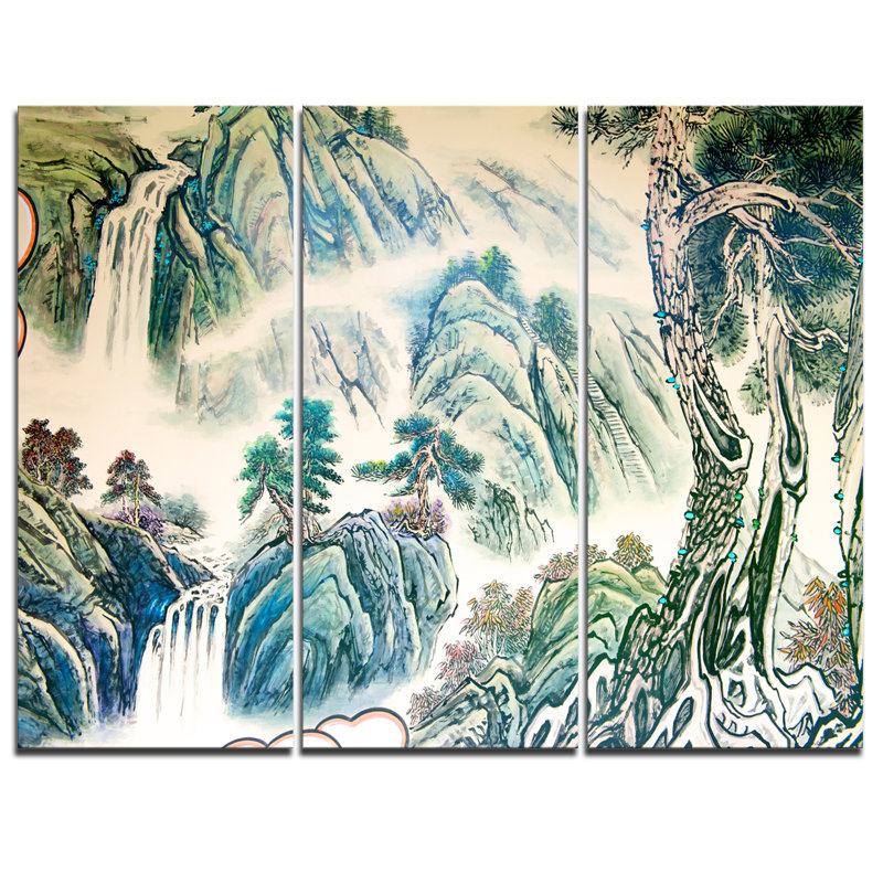 Designart Blue Chinese Landscape Painting 3 Piece Graphic Art On