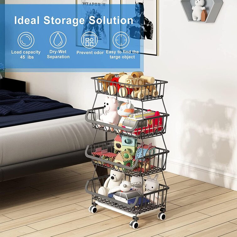 Removable Fruit Storage Organizer Black Warmiehomy 4 Tier Fruit Vegetable Baskets with Wheels Metal Storage Basket Large Baskets Kitchen Storage Trolley for Home Office Bathroom Bedroom