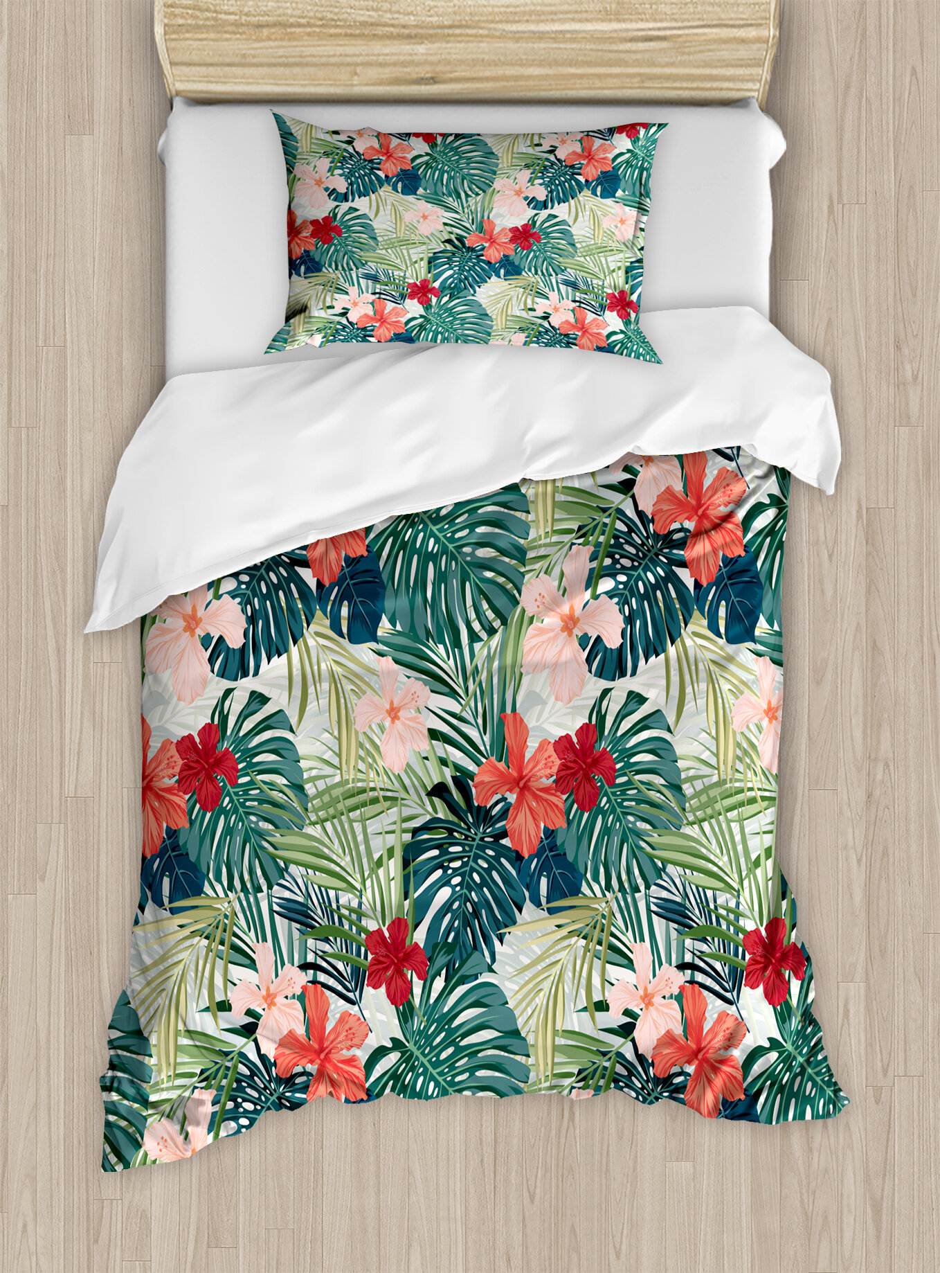 Leaf Summer Beach Holiday Themed Hibiscus Plumeria Crepe Ginger Flowers Duvet Cover Set