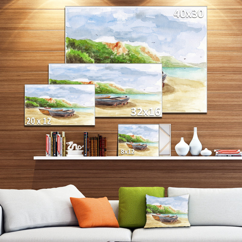 Designart Watercolor Fishing Boats Landscape Painting Print On