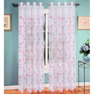 Birch Leaf Embroidered Nature/Floral Sheer Grommet Single Curtain Panel