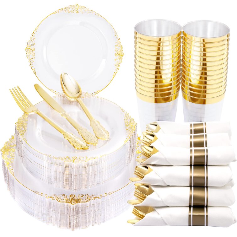 25 pk Plastic Clear Gold Glittered FORKS Disposable TABLEWARE Party Wedding 