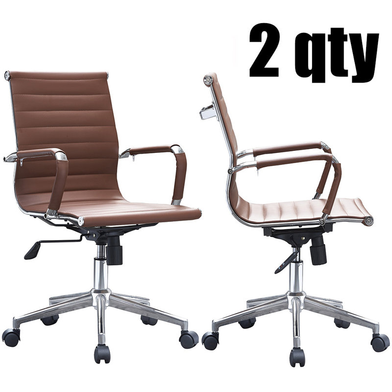 Latitude Run Set Of 2 Mid Century Modern Pu Leather Mid Back Office Chair Executive With Arms Ribbed Mid Back Desk Chair Swivel Adjustable Height Wheels White Wayfair Ca