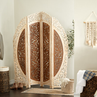 Rozell Mango Wood Foldable 4 Panel Floral Partition Room Divider Screen with Intricately Carved Designs