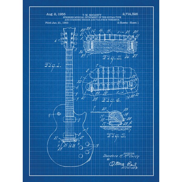 Inked and Screened Gibson Les Paul Guitar Blueprint Graphic Art