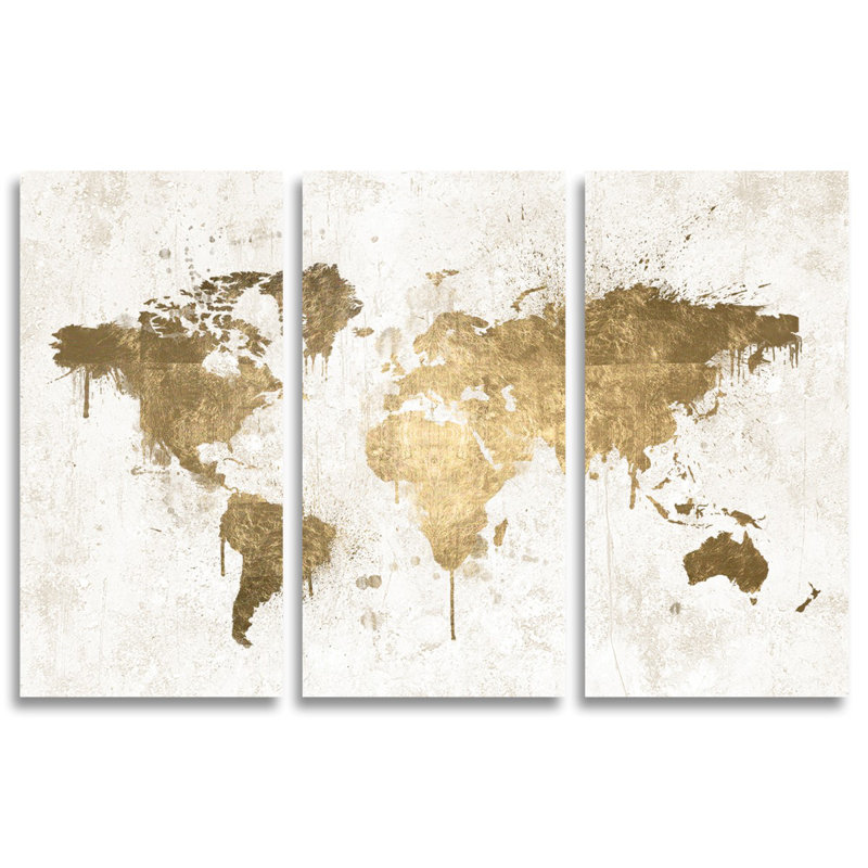 Mercer41 Mapamundi White Gold Triptych Painting Print On Wrapped