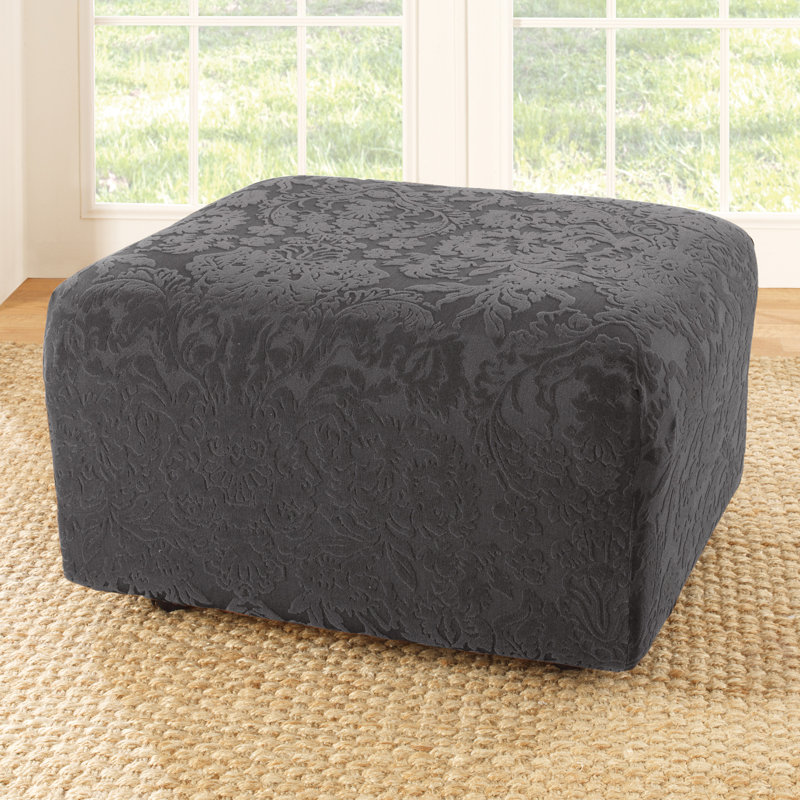 Stretch Jacquard Damask Box Cushion Ottoman Slipcover