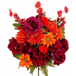 Artificial Rose, Hydrangea, Mum, Helenium, Pansy, Rose Bud, Bell Flower and Fillers Mixed Flower Bush