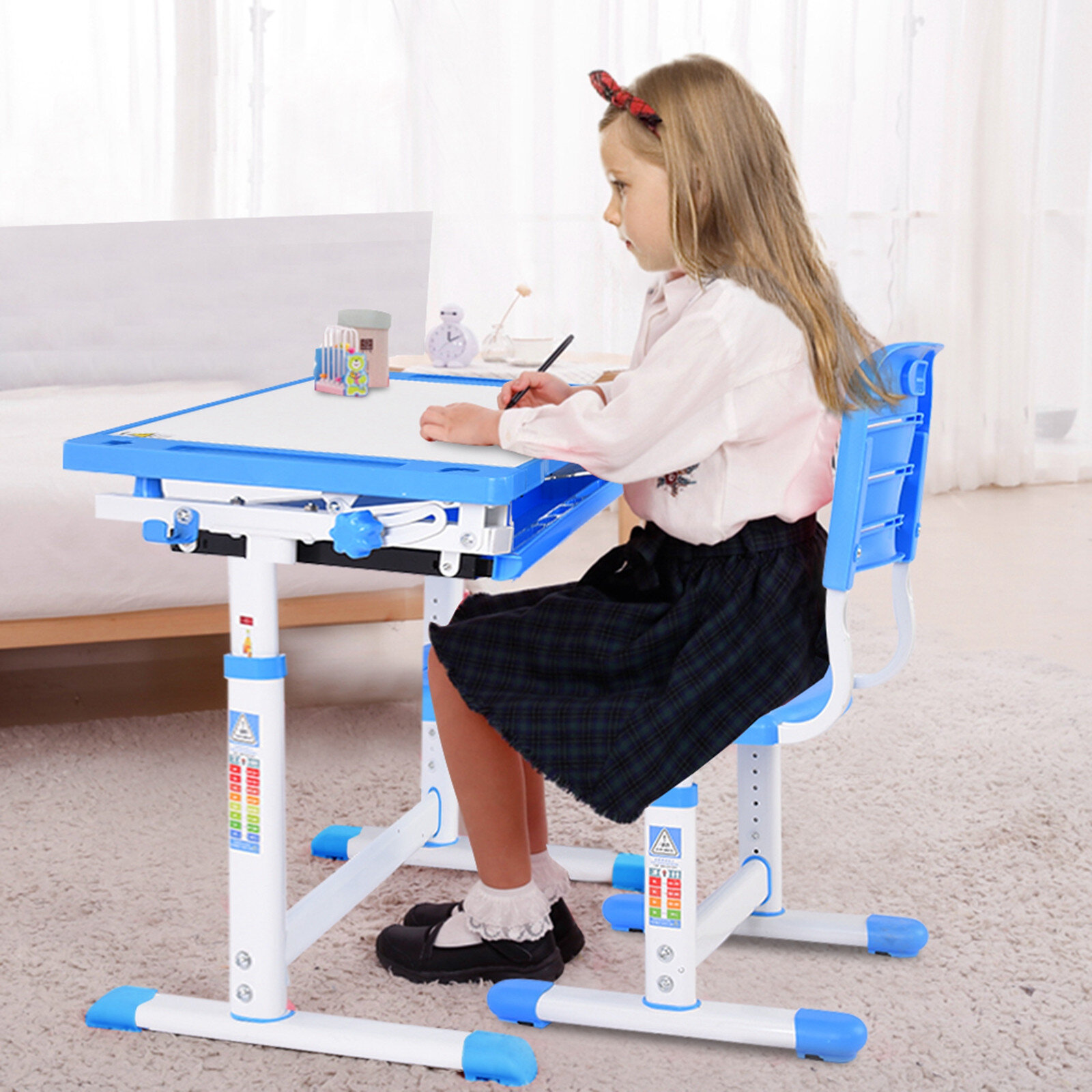 Kids Study Desk Chair Set Height Adjustable Children Table W /Tilted Drawer 