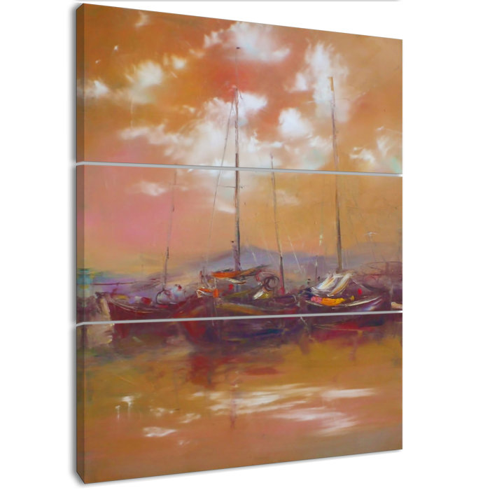 East Urban Home Four Boats At Cloudy Sky In Handmade Painting
