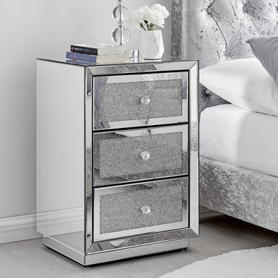 Crushed Diamond Mirrored 3 Drawer Nightstand - Luxury Bedside Table