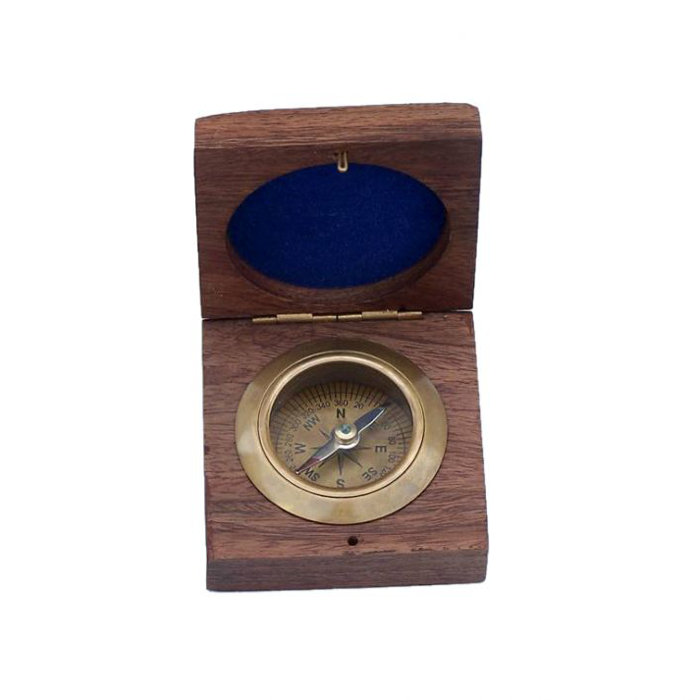Nautical Solid Brass Round Sundial Compass with Design Rosewood Box