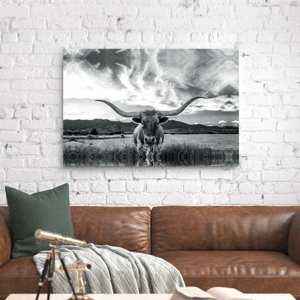 Longhorn Cattle Stare Down Grazing Pasture HD Canvas Giclee Art Print 