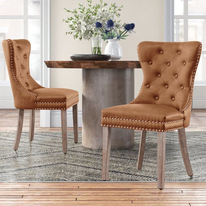 Seita Tufted Leather Upholstered Wing Back Parsons Chair Upholstery Color: Brown