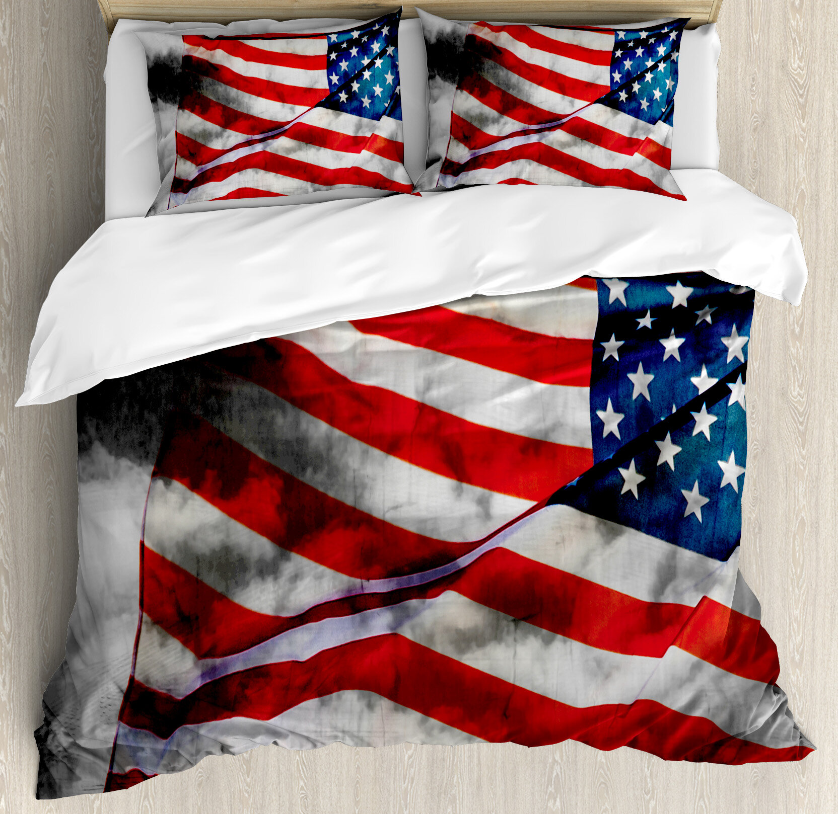 american flag over bed