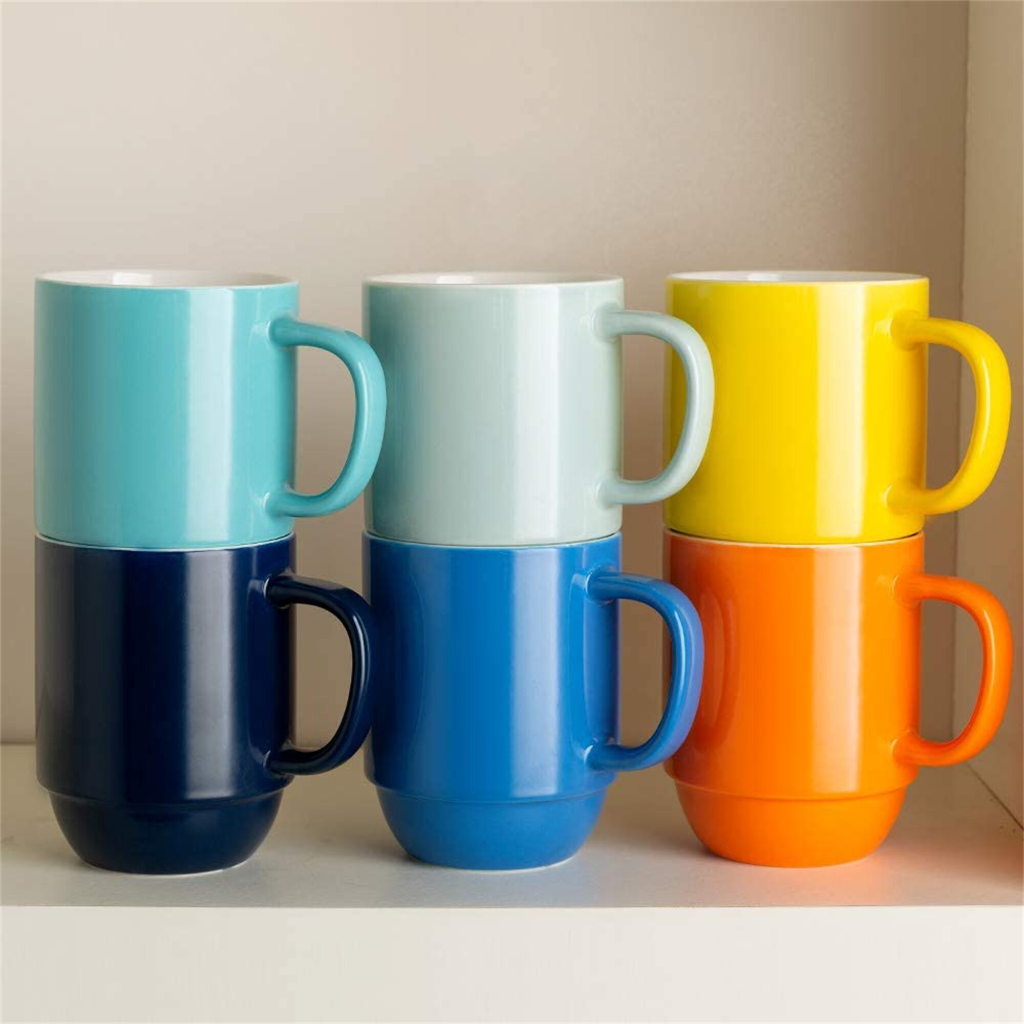Premium Ceramic Colorful Meal Stoneware Coffee Mugs 14oz Microwave Safe Set Of 6 