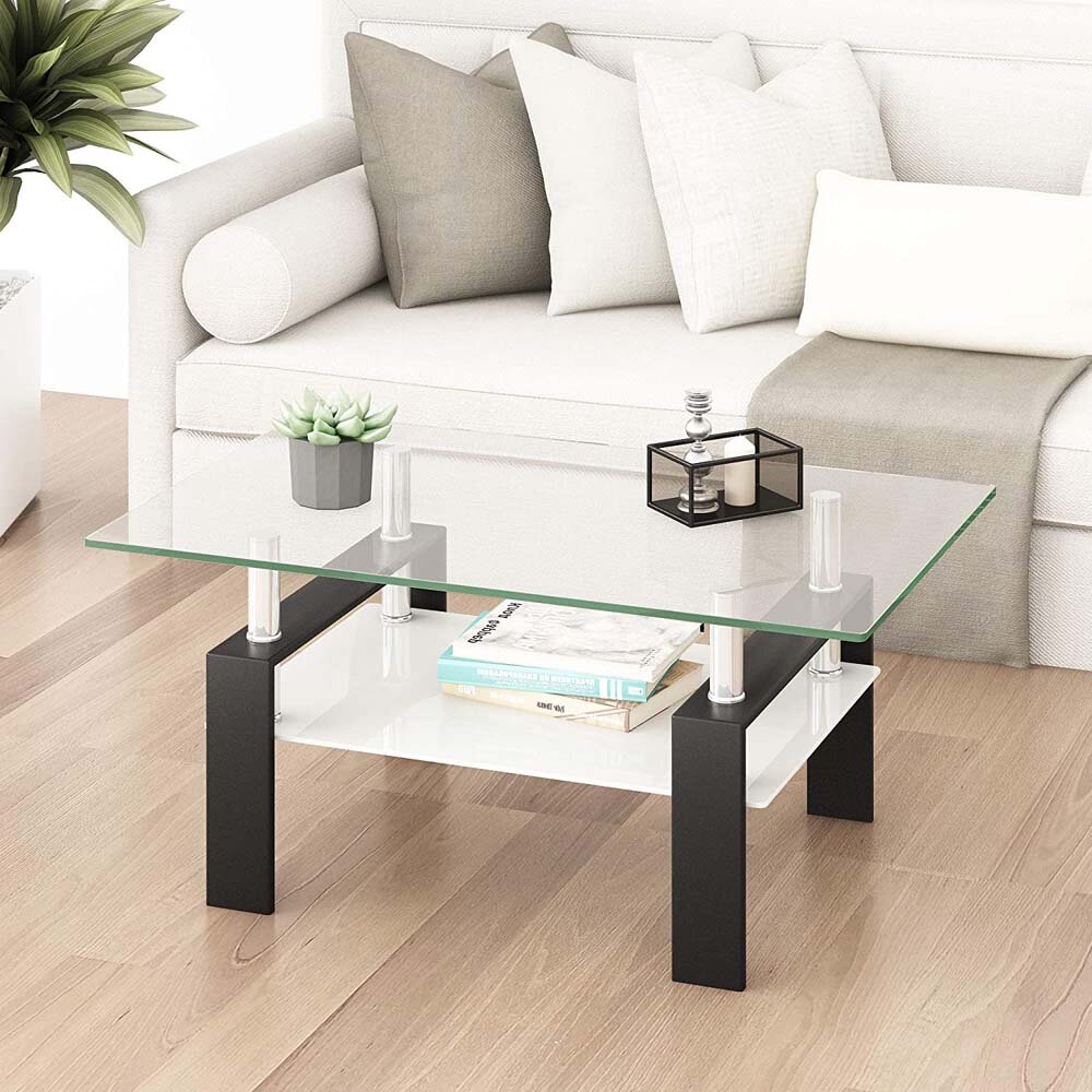Modern Design Living Room Glass Side Coffee Table Shelf Chrome Base End Tables 