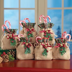12-pack Holiday Burlap Favor Bags with Drawstring Christmas Tree Print 4" x 6" 