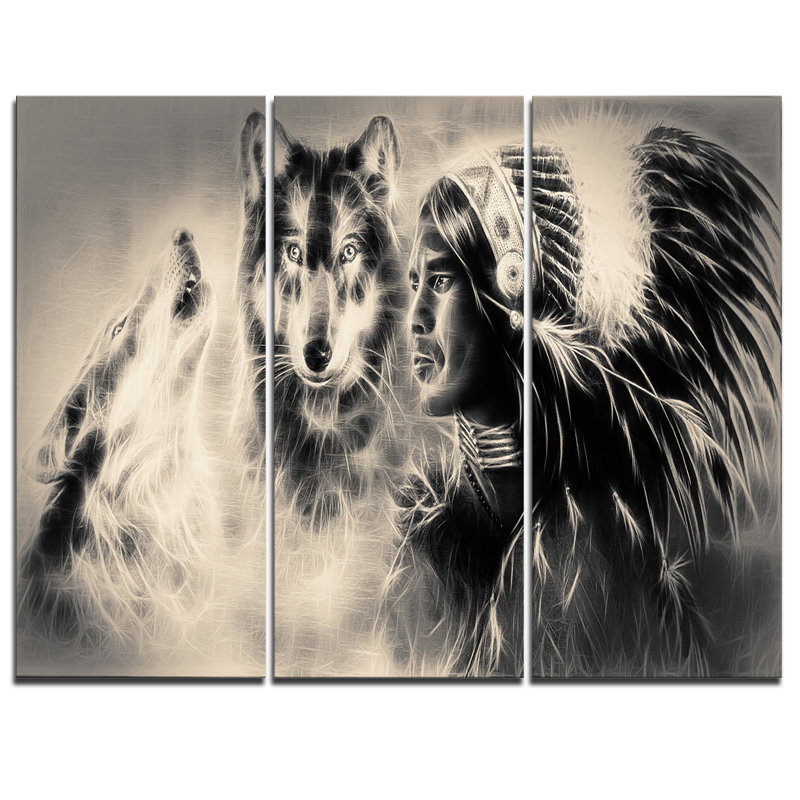 Designart Indian Warrior With Wolves 3 Piece Graphic Art On