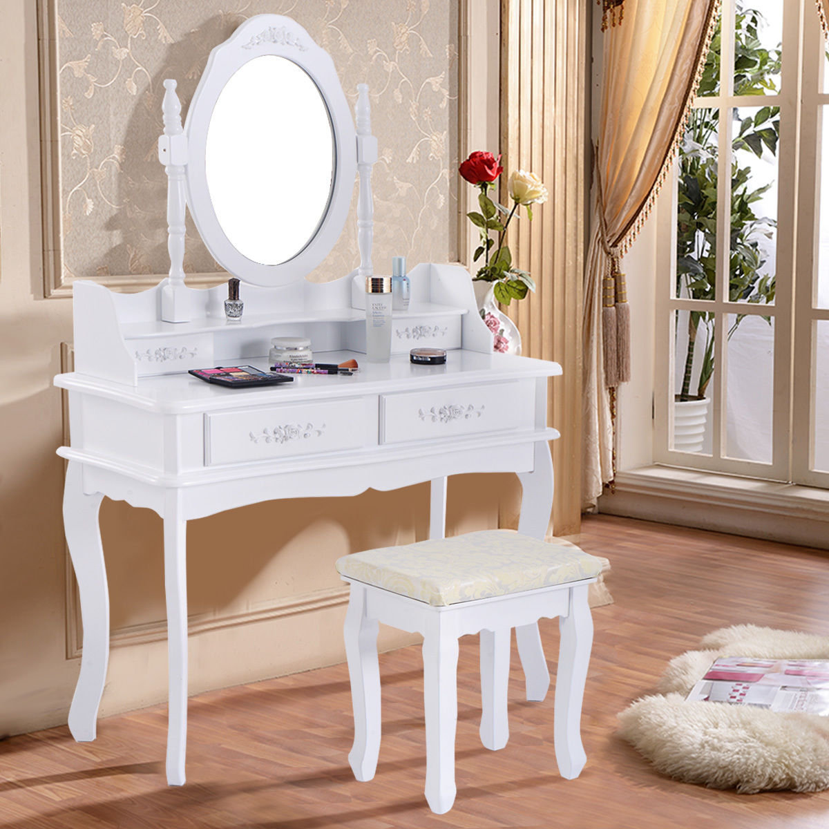 Charlton Home Costway White Vanity Makeup Dressing Table Set Mirror Jewellery Storage W Stool 4 Drawer Reviews Wayfair Ca