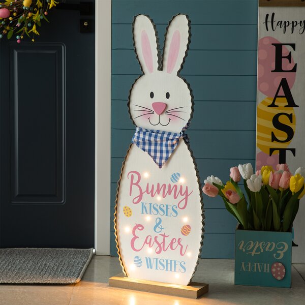 2 Happy Easter Wall Door Signs WOOD DECORATIONS pastel COTTON TAIL BUNNY 