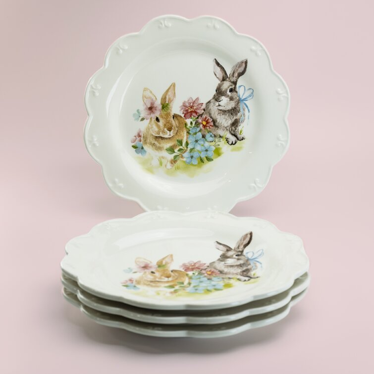 Set of 2 Grace's Fine Ceramics Easter Bunny Floral Salad Plates New!