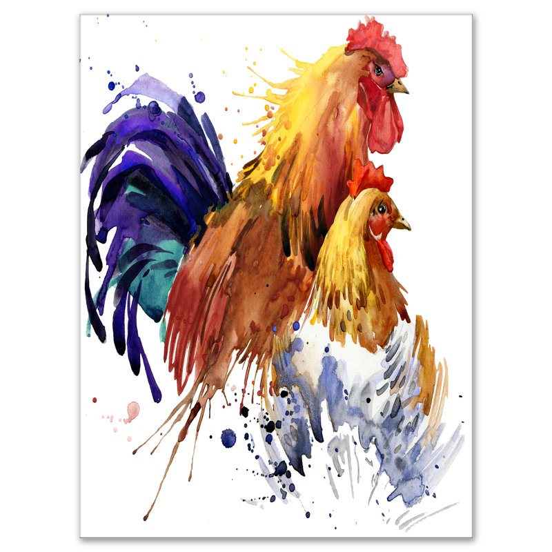 East Urban Home Chicken And Rooster Family Oil Painting Print On