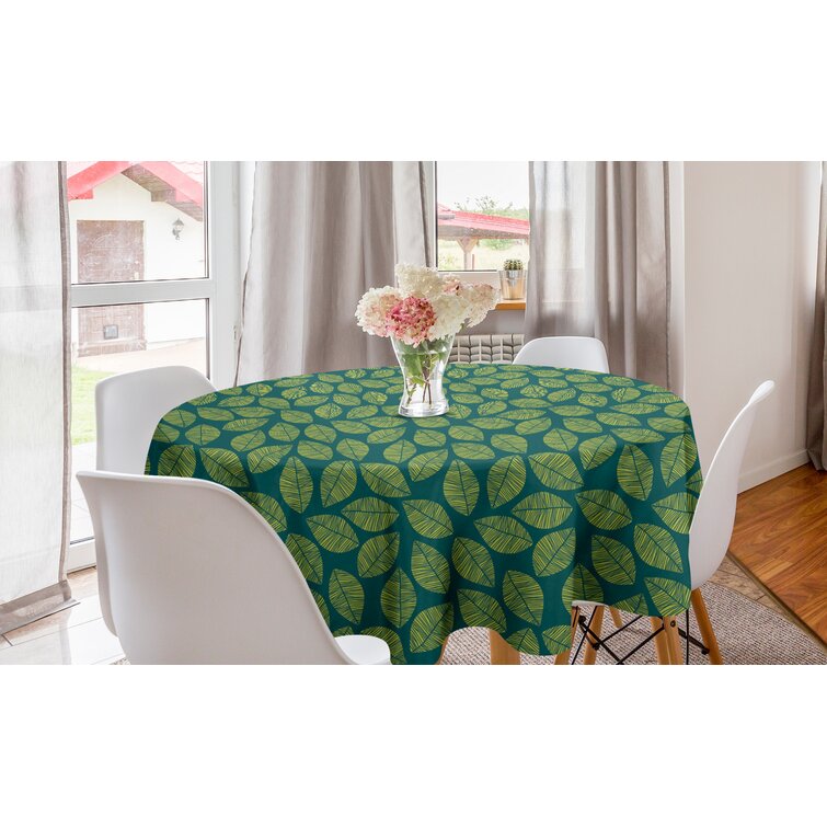 Round Tablecloth Leaves Tropical Teal Botanical Cotton Sateen 