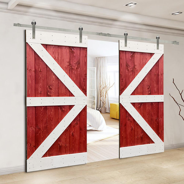 Calhome Paneled Wood and Metal Painted Double Barn Door with Installation Hardware Kit | Wayfair