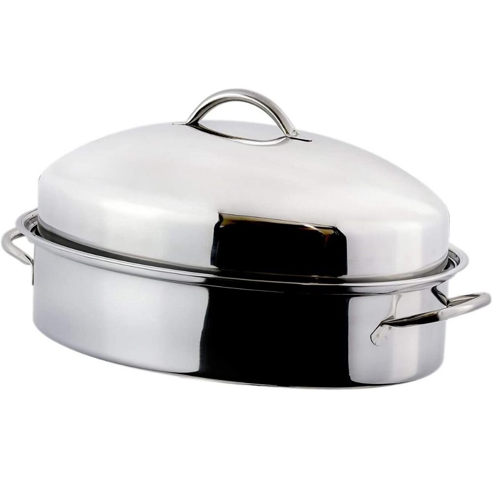 Culina Oven to Stove 16 Roaster Pan Tri-ply Stainless Steel with Non-stick Roasting Rack and Bonus Carving Set. 