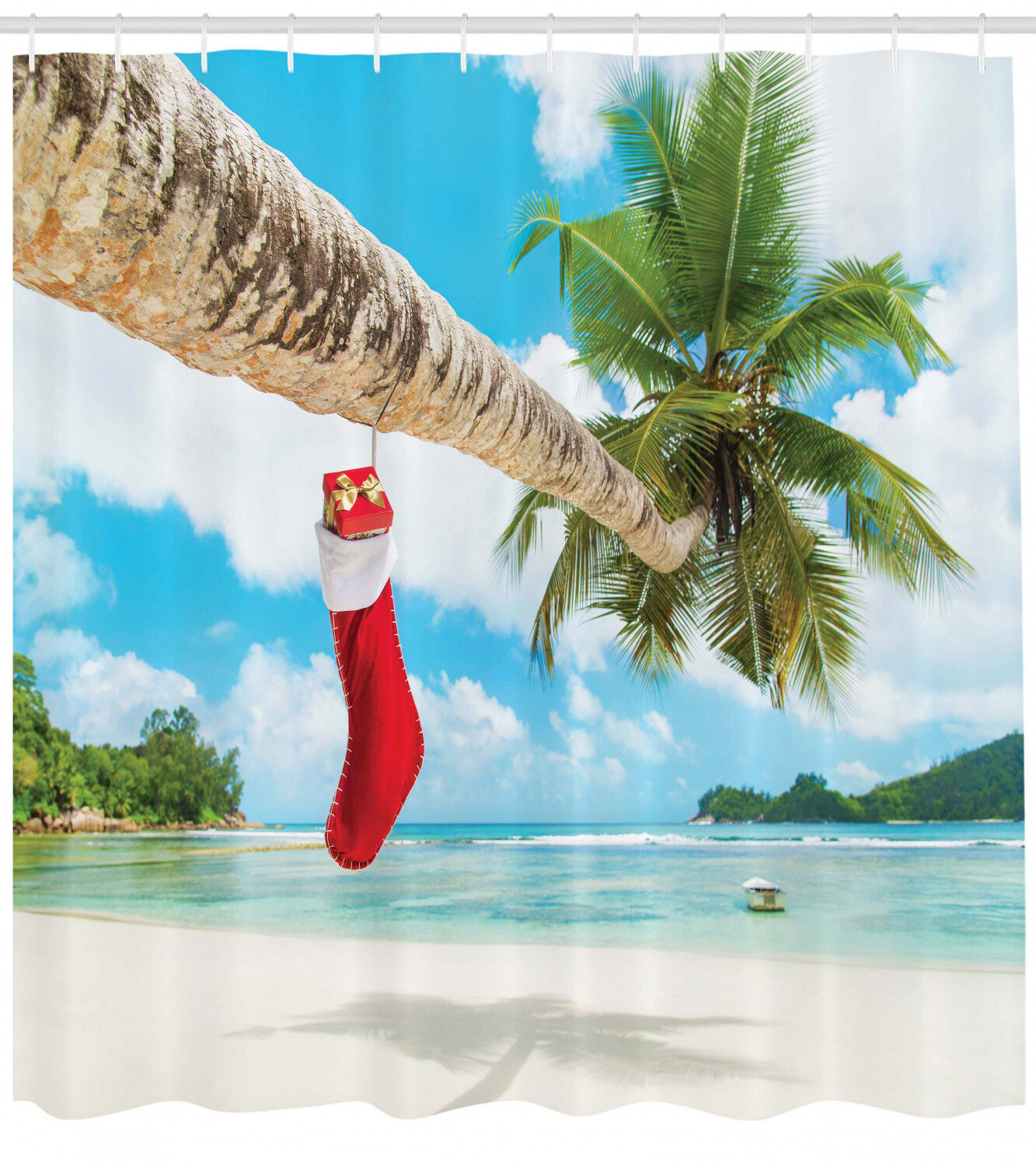 Santa on Vacation Beach Christmas Fabric SHOWER CURTAIN 70" Holiday Florida