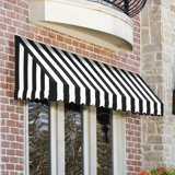 Black And White Striped Awnings On A White House Dark Grey Door House Exterior White Windows Black Decor