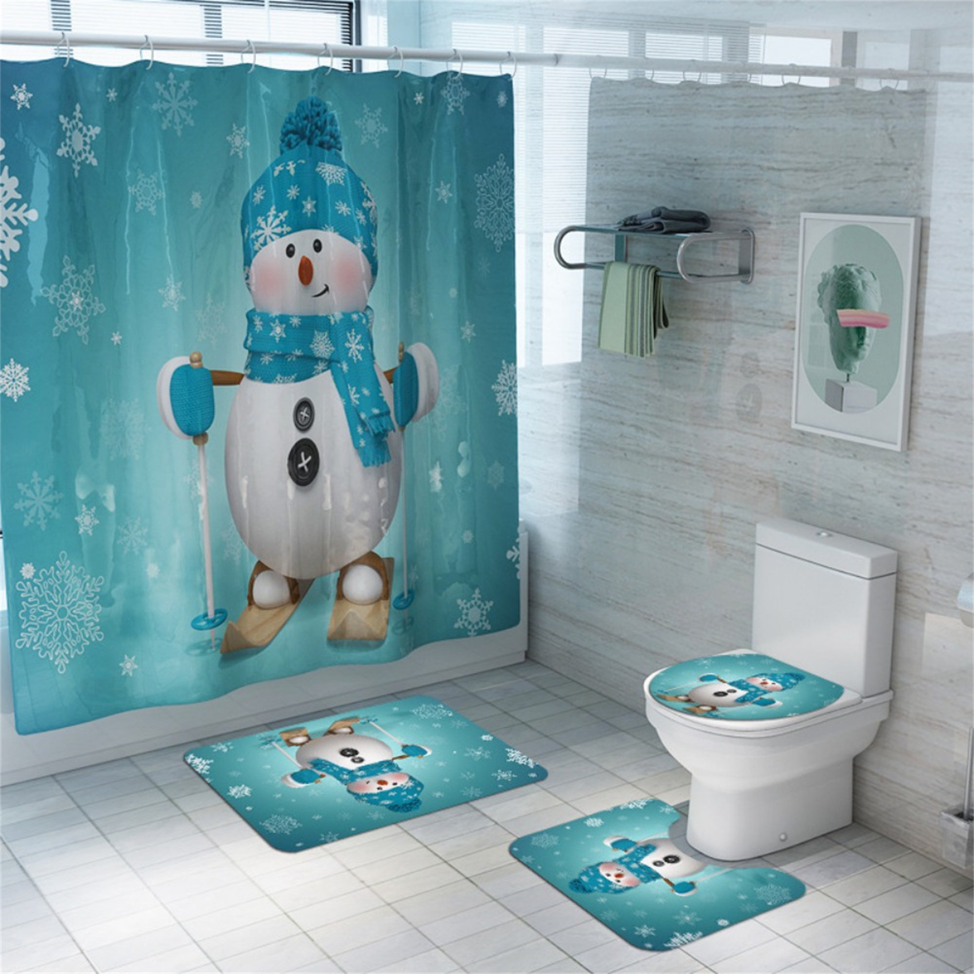 Christmas Snowman Fabric Waterproof Bathroom Shower Curtain Set With 12pcs Hook 