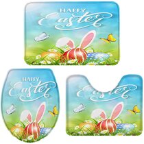Teather Easter 3 Piece Bath Rugs Sets Easter Eggs Bathroom Mats Set for Easter Spring Decorations,U-Shaped Contour Toilet Mat,Toilet Lid Cover Cute Bunny Green Polka Dot Non-Slip Bathroom Rug 