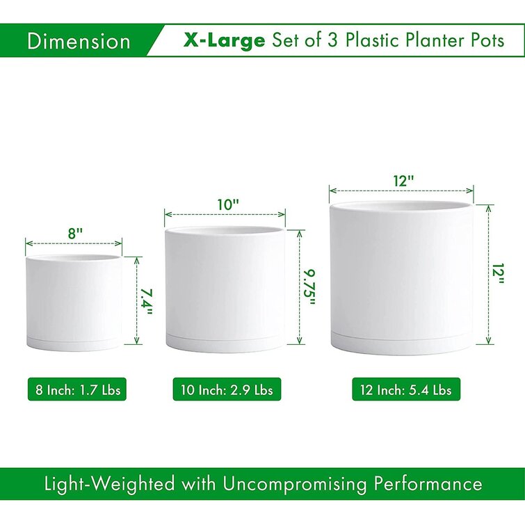 Set of 3 Plastic Planter Pots for Plants with Drainage Hole and Seamless Saucers 8 Inch 10 Inch 12 Inch 74-E-XL-1 X-Large White Color 