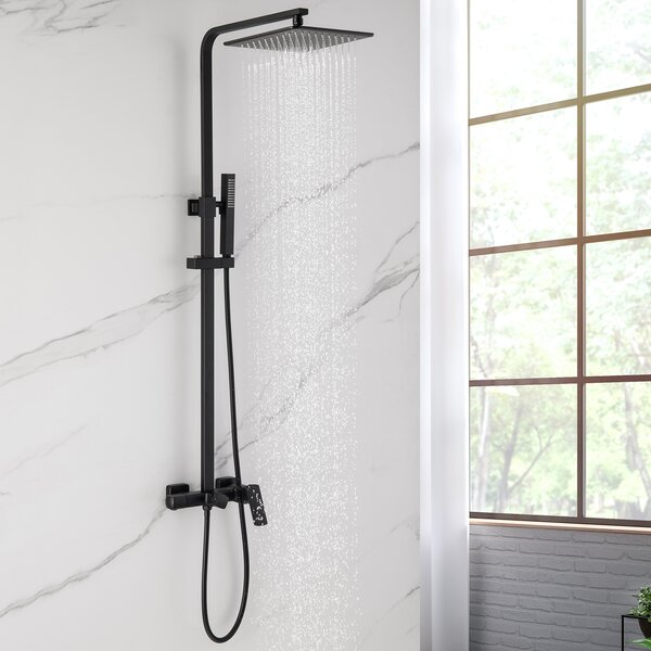Square Chrome Overhead Rain Shower Kit Dual Rigid Riser Rainfall Head and Hand Held Shower Twin Bath Set for Bathroom with Fittings Stainless Steel