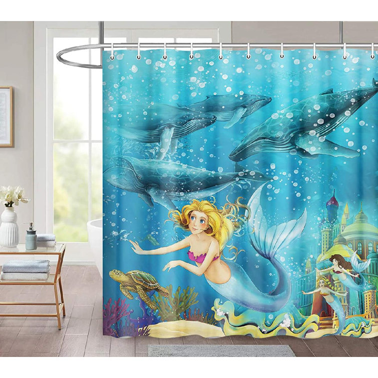 Undersea Palace Mermaid Waterproof Fabric Shower Curtain Set Bathroom Mat Hooks 