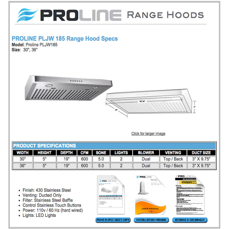 ProLine Range Hoods 30" 600 CFM Ducted Under Range Hood