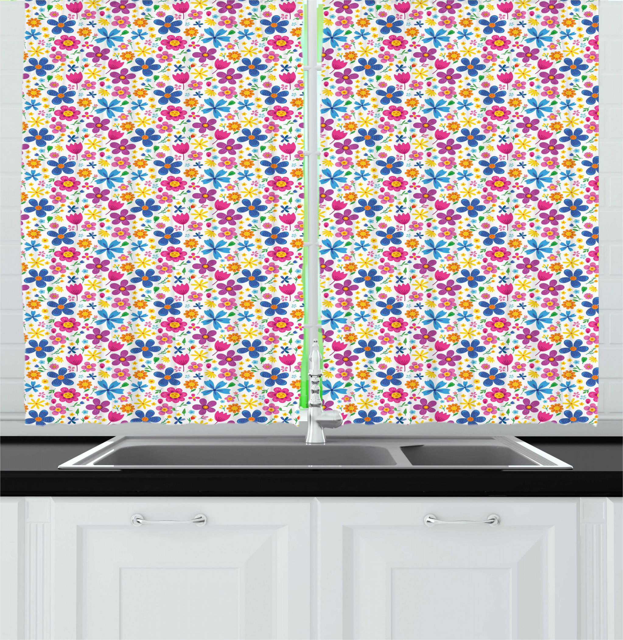 East Urban Home Floral Cartoon Design Funny Spring Thrill Pattern With Flower Petals Garden Kitchen Curtain Wayfair