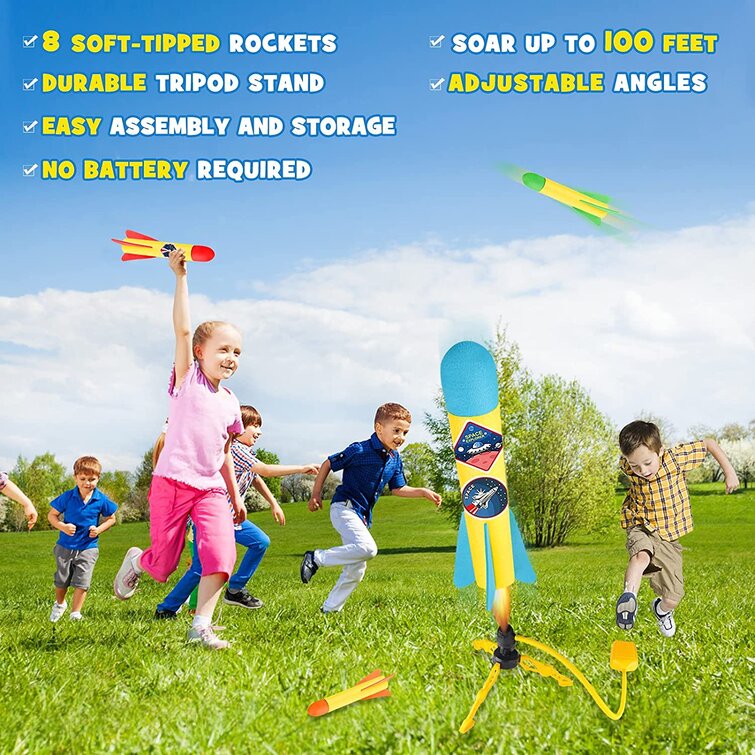 Years Old Gift Toys for Boys and Girls Age 3 8 Colorful Foam Rockets and Sturdy Launcher Stand with Foot Launch Pad Toy Rocket Launcher for kids Fun Outdoor Toy for Kids Shoots Up to 100 Feet 