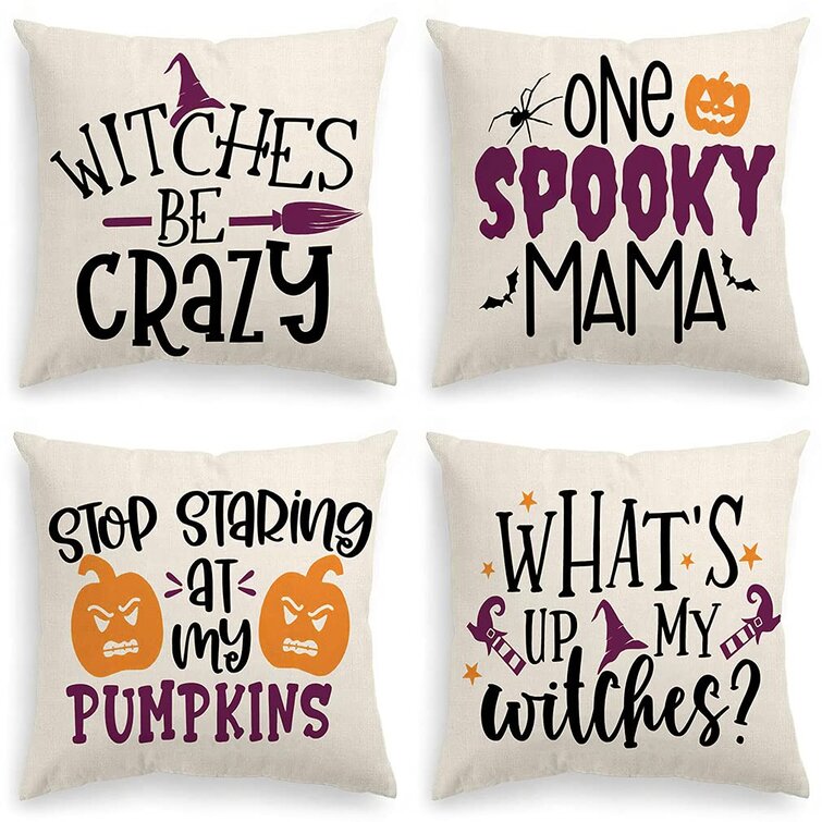 4 Pack 18 x 18 Inches Halloween Pillow Cases,Cotton Linen Cushion Cover,Halloween Decoeative Throw Pillow Covers for Sofa Bedroom，Home Decor Pillowcases A 