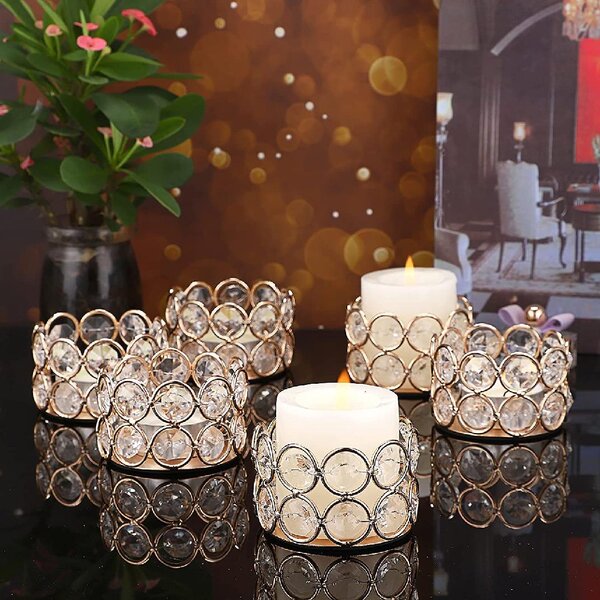Set of 2 Gold Finish Crystal Votive Tealight Candle Holder For Home & Wedding 