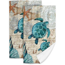 Embroidered Teal Bathroom Hand Towel Sea Turtle  Sand Dollar Sea Shells  HS1671 