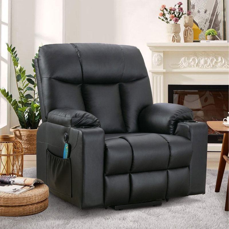 37.8" Wide Soft and Oversize Leather Power Lift Assist Massage Heat Recliner with USB & Dual Cupholders Fabric: Black Faux Leather