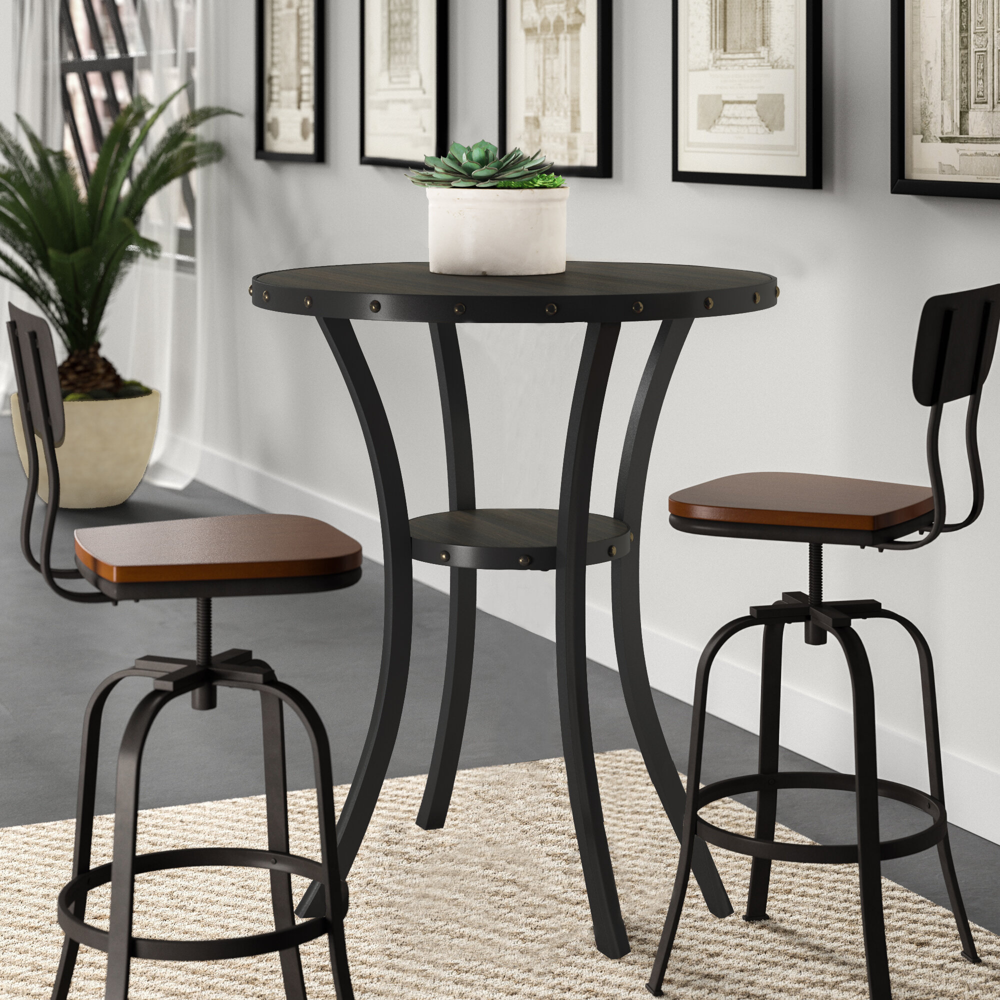 36" Round Dinning Table Pub Bistro Home Bar Wood Tabletop Metal Legs Furniture 