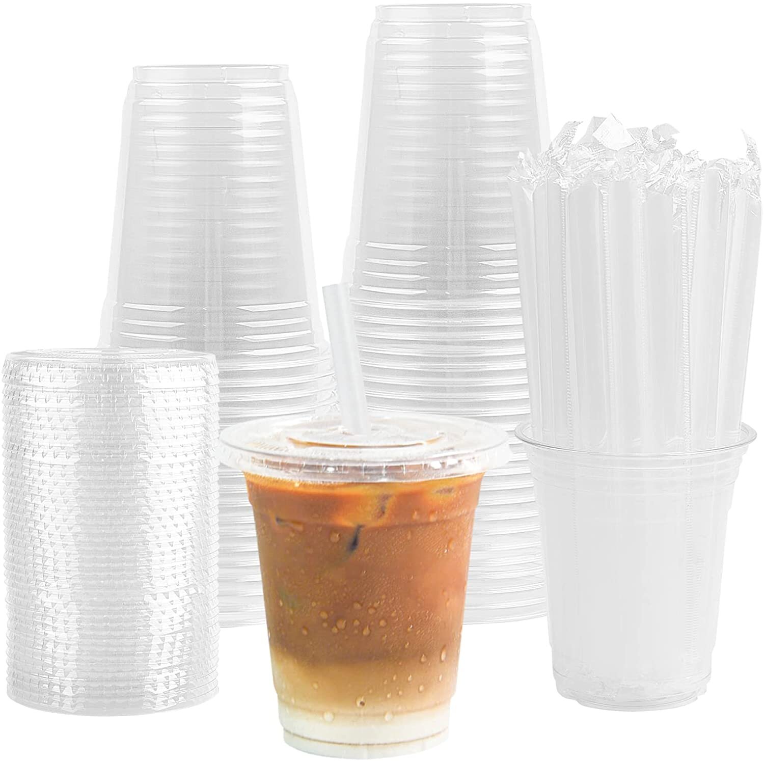 Pack of 50 CLEAR Plastic 16 oz Cup and Flat LID with Straw Slot 