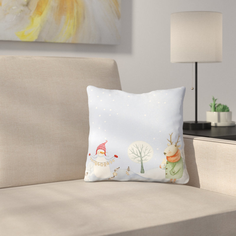 East Urban Home Deer And Snowman In Snowy Winter Forest With Little Birds Throw Pillow Wayfair